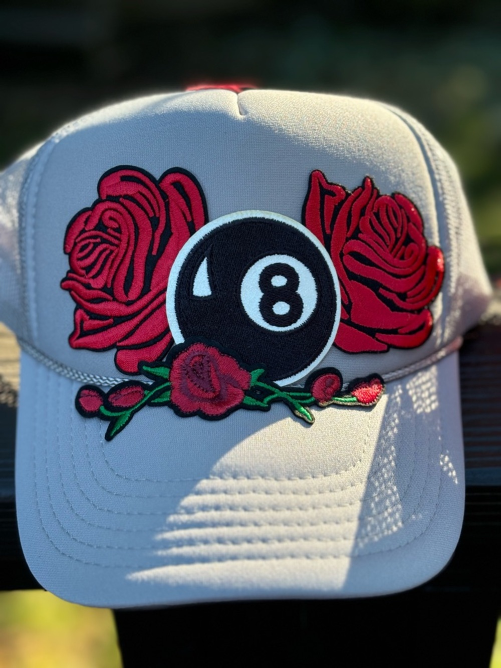 8 Ball & Rose Embroidered Trucker Hat - Grey, Red, Black